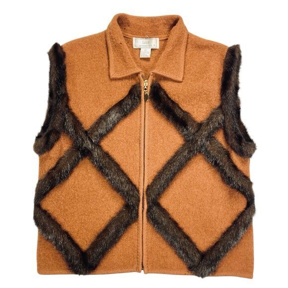 Lisa International Wool Vest Women L Brown Faux Fur Trim Bohemian Coastal Jacket - Picture 3 of 13